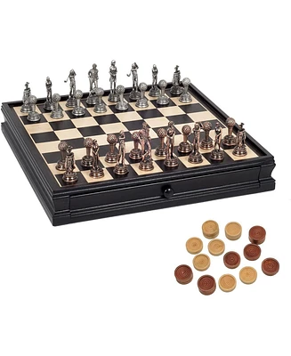 We Games Golf Chess & Checkers Game Set - Pewter Chessmen & Black Stained Wood Board with Storage Drawers 15 in.