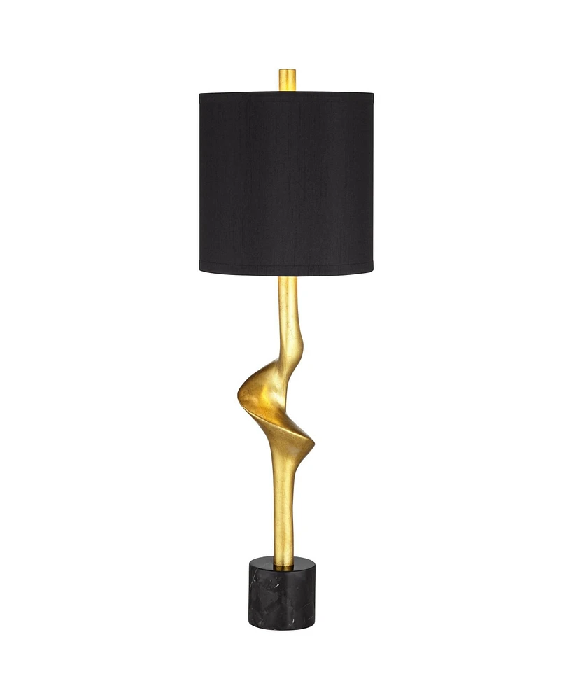 Possini Euro Design Minerva 32" Tall Large Modern Glam Luxury End Table Lamp Gold Leaf Finish Marble Single Black Shade Living Room Bedroom Bedside Ni