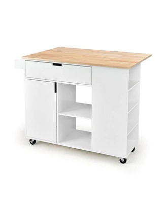 Sugift Drop-Leaf Kitchen Island Cart with Rubber Wood Top