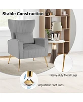 Costway Velvet Upholstered Wingback Chair with Lumbar Pillow & Golden Metal Legs