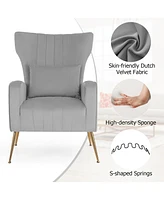 Costway Velvet Upholstered Wingback Chair with Lumbar Pillow & Golden Metal Legs