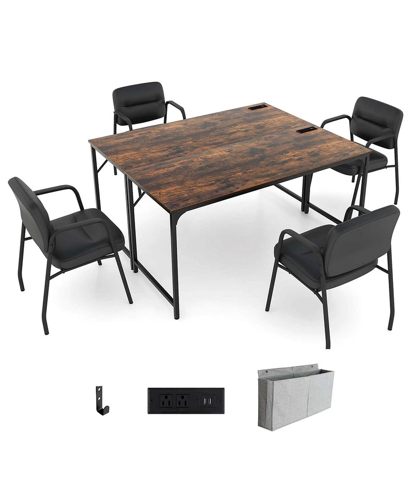 Costway Set of 2 Meeting Room Desk with Charging Station & Headphone Hook Metal Frame