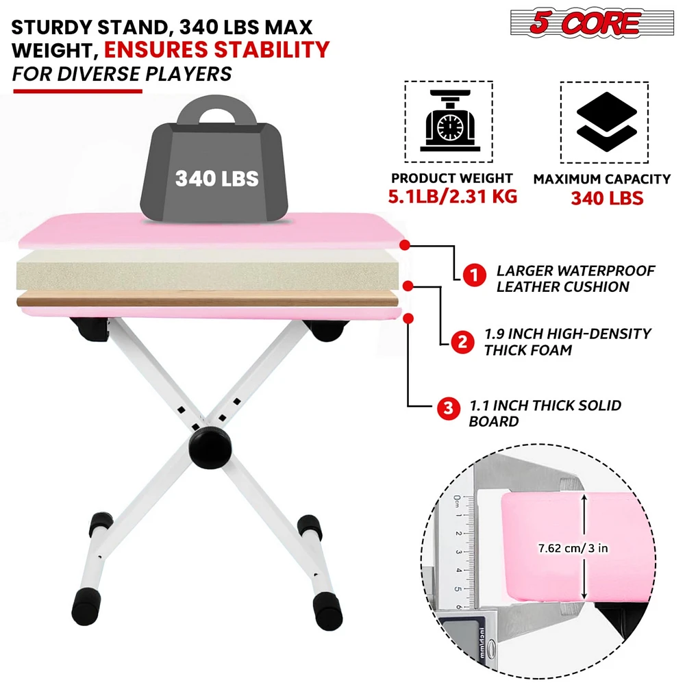 5 Core Keyboard Stand Double X Style Adjustable Piano Riser + Keyboard Piano Bench