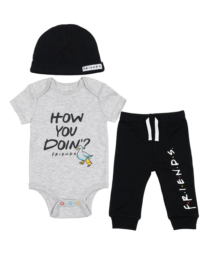 Friends Baby Boys [SizeRangeDescription1] 3 Piece Outfit Set: Bodysuit Pants Hat [SizeDescription1]