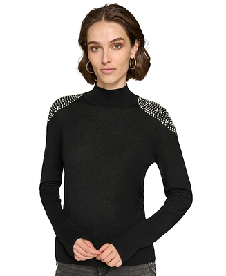 Karl Lagerfeld Paris Women's Embellished-Shoulder Mock Neck Sweater