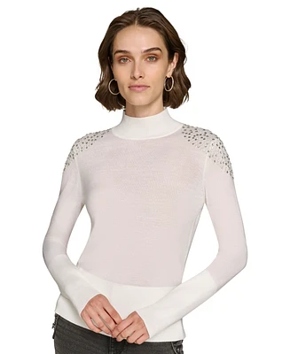 Karl Lagerfeld Paris Women's Embellished-Shoulder Mock Neck Sweater