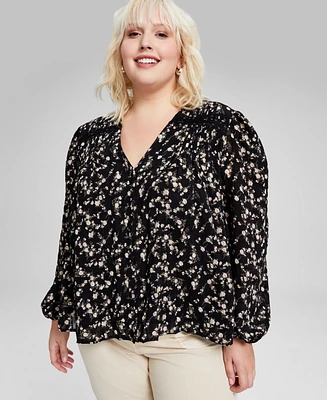 And Now this Plus Floral Lace-Trim Button-Front Top