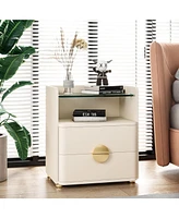 Tribesigns 2-Drawer Nightstand Set of 2, Modern Nightstands with Open Storage, Wooden Bedside Table for Bedroom, Side End Table with Gold Round Metal