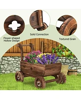 Decorative Wooden Wagon Cart with Handle Wheels and Drainage Hole