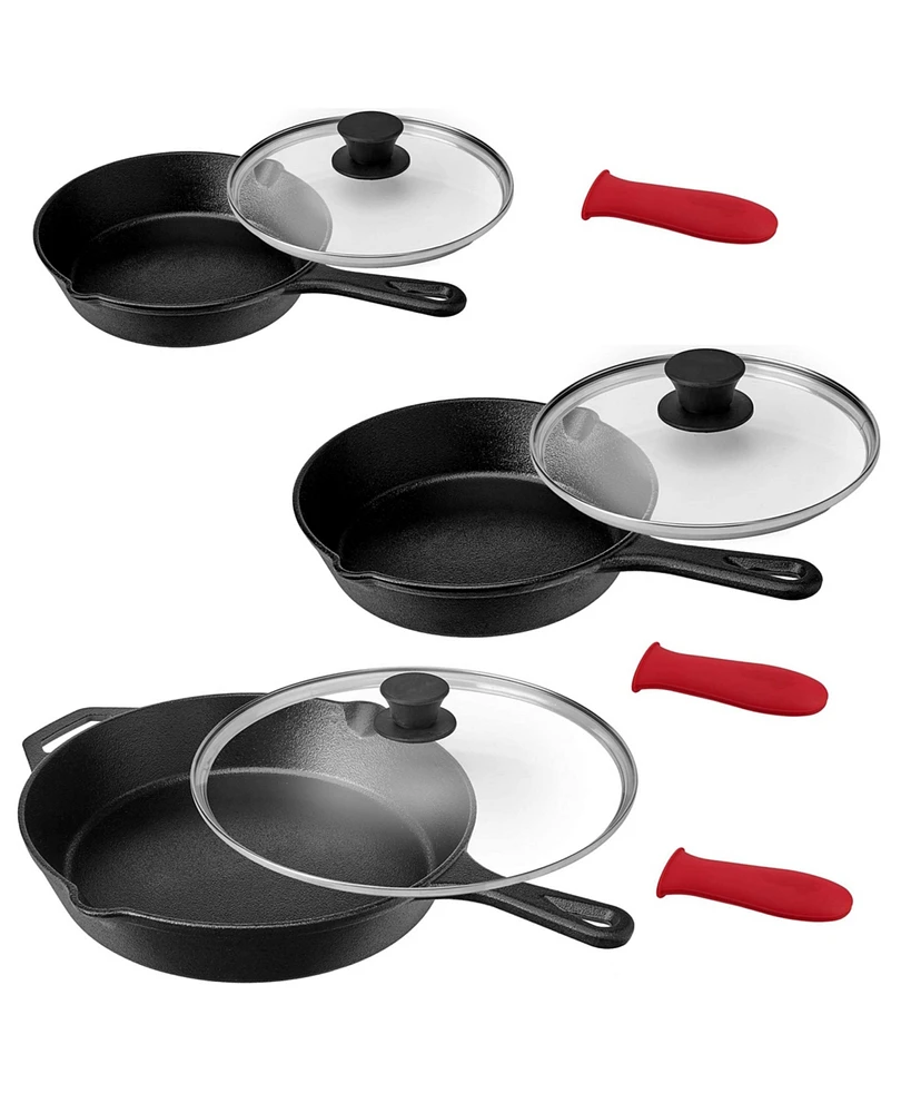 MegaChef Pre-Seasoned 9 Piece Cast Iron Skillet Set with Lids and Red Silicone Holder