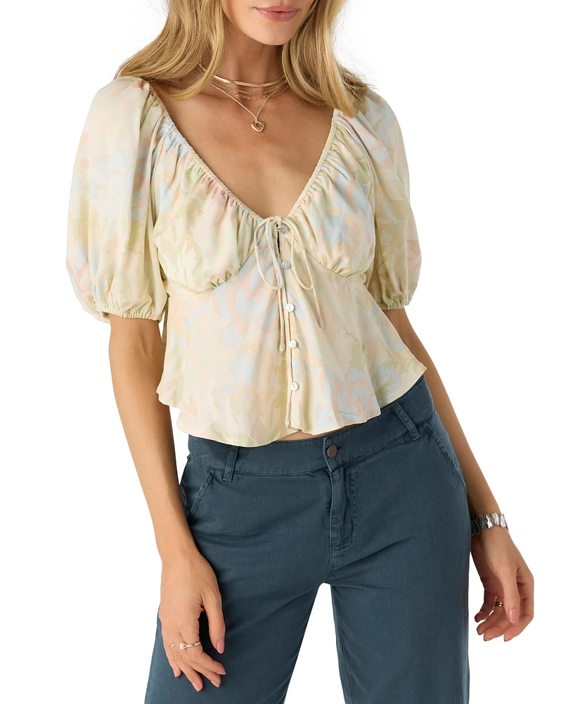 O'Neill Juniors' Noa Printed Balloon-Sleeve Button-Front Blouse