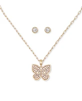 Guess Gold-Tone Mixed Crystal Butterfly Pendant Necklace & Stud Earrings Set