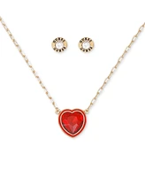 Guess Gold-Tone Framed Crystal Heart Pendant Necklace & Logo Stud Earrings Set