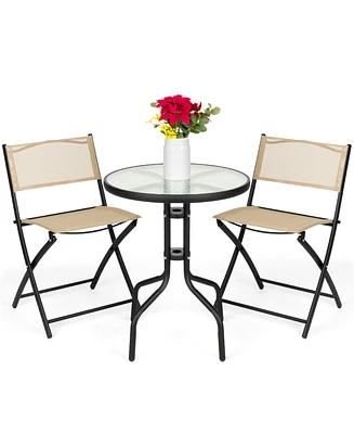 Best Choice Products 3-Piece Patio Bistro Dining Furniture Set w/ Round Textured Glass Tabletop, Folding Chairs