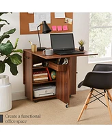 Best Choice Products Multipurpose Folding Table w/ Wheels, 3 Storage Shelves, Cubby, Handle