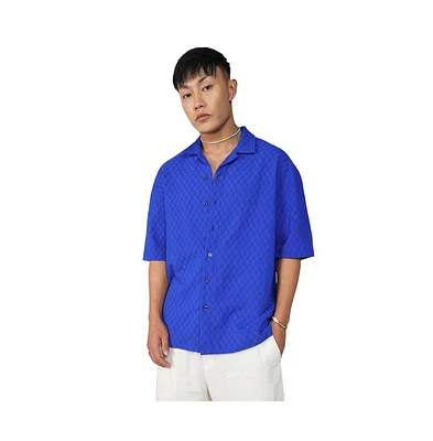 Men's Royal Blue Textured Geometric Oversized Shirt