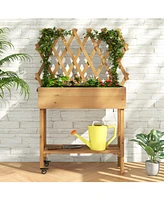 Skonyon Wooden Rolling Raised Garden Bed with Trellis and Storage Shelf