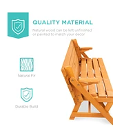 Best Choice Products 2-in-1 Outdoor Interchangeable Wooden Picnic Table/Garden Bench for w/ Umbrella Hole - Natural