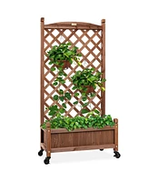 Best Choice Products 60in Mobile Wood Planter Box & Diamond Lattice Trellis, w/ Drainage Holes, Optional Wheels - Walnut