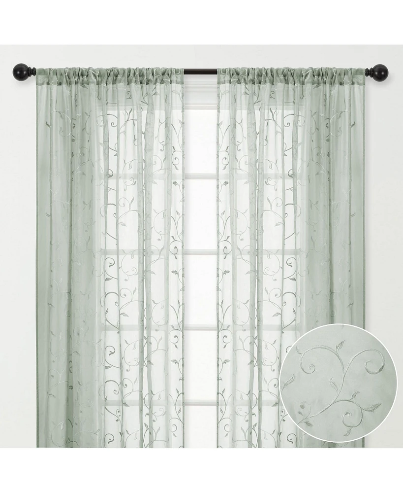 Chanasya Premium Embroidered Swirl Vine Curtains - Sheer Curtains for Living Room, Bedroom, Kitchen - 52" x 96" - Sage, 2 Panels
