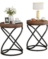 Tribesigns White and Gold Faux Marble Top End Tables Set of 2, Round Nightstands Sofa Side Table with Double X-Shaped Ring Unique Design for Bedroom