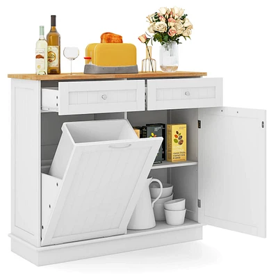Costway Wooden Kitchen Trash Cabinet Tilt Out Bin Holder with Drawer & Storage Shelf