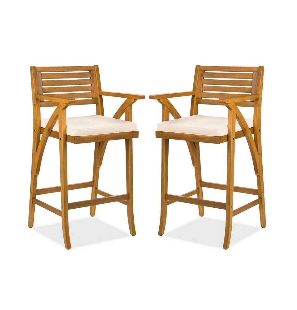 Best Choice Products Set of 2 Outdoor Acacia Wood Bar Stools Bar Chairs w/ Weather-Resistant Cushions - Teak Finish