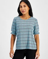 Ak Anne Klein Petite Printed Elbow-Sleeve Smocked-Cuff Top