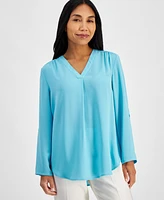 Ak Anne Klein Petite Pleat-Front V-Neck Roll-Tab Tunic