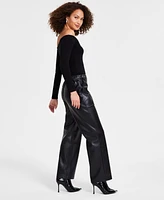 Bar Iii Women's Faux-Leather Belt-Waist Straight Pants, Created for Macy's