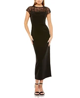 Mac Duggal Women's Sheer Lace Top Crepe Midi Dress