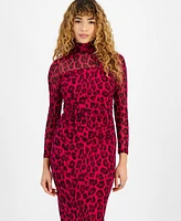 Bar Iii Women's Printed Ruched Turtleneck Dress, Created for Macy's