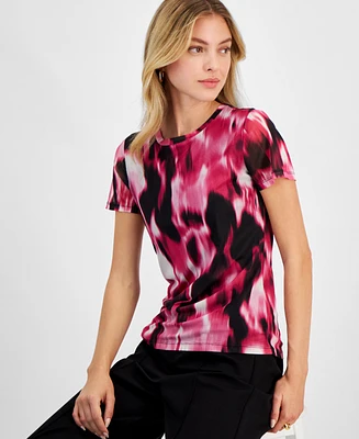 Bar Iii Women's Watercolor-Print Mesh T-Shirt, Exclusively at Macy's