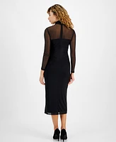 Bar Iii Women's Long-Sleeve Mesh Turtleneck Dress, Created for Macy's