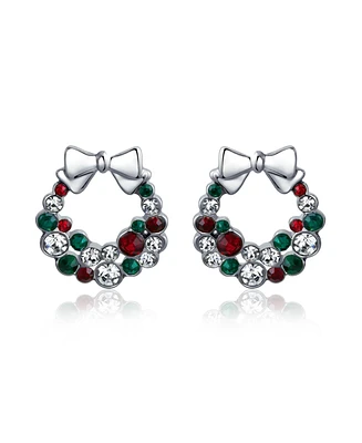 Bling Jewelry Fashion Sparkling Christmas Bow Red Green White Crystal Holiday Wreath Stud Earrings For Women Crystal Silver Plated