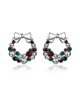 Bling Jewelry Fashion Sparkling Christmas Bow Red Green White Crystal Holiday Wreath Stud Earrings For Women Crystal Silver Plated