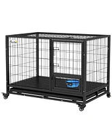 PawHut 43" Dog Crate with Bowl Holder, Wheels for Large/Xl Dogs, Black