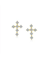 Bling Jewelry Tiny Minimalist Clear Cubic Zirconia Religious Christian Cz 14K Yellow Gold Screw back Cross Stud Earrings For Women