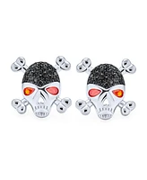 Bling Jewelry Unisex Dia De Los Muertos Black White Cz Red Eye Caribbean Pirate Crossbones Skull Stud Earrings For Women Men Silver Plated Brass