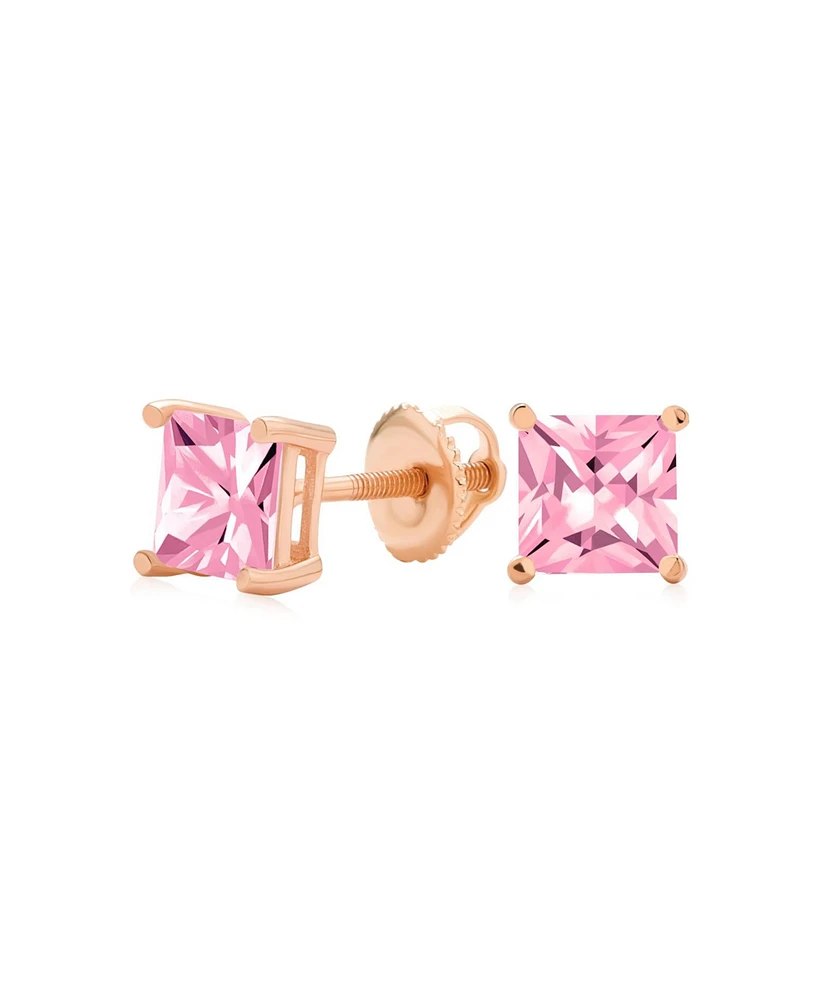 Bling Jewelry .50 Ct Pink Cz Princess Cut Stud Earrings Morganite Cubic Zirconia Rose Gold Plated .925 Sterling Silver Screw Back 5MM