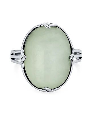 Bling Jewelry Western Fleur Dis Lis Large Filigree Oval Full Finger Statement Natural Light Green Jade Ring For Women .925 Sterling Silver Oxidized