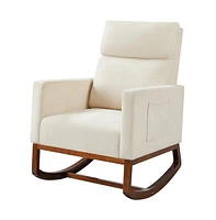 Yaheetech Fabric Upholstered High Back Rocking Chair with Solid Wood Legs, Side Pockets