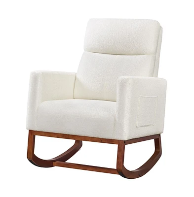Yaheetech Fabric Upholstered High Back Rocking Chair with Solid Wood Legs, Side Pockets