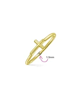 Bling Jewelry Minimalist Simple Midi Knuckle Thin 1MM Band Stackable Religious Sideways Cross RingYellow 14K Gold Plated .925 Sterling Silver