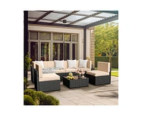 Pamapic Black 7-Piece Wicker Outdoor Sectional Set with Coffee Table and Blue Cushions