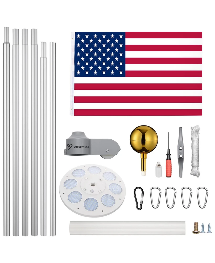 Yescom 30 Ft Sectional Aluminum Flag Pole Kit with Led Solar Light Us Flag Garden