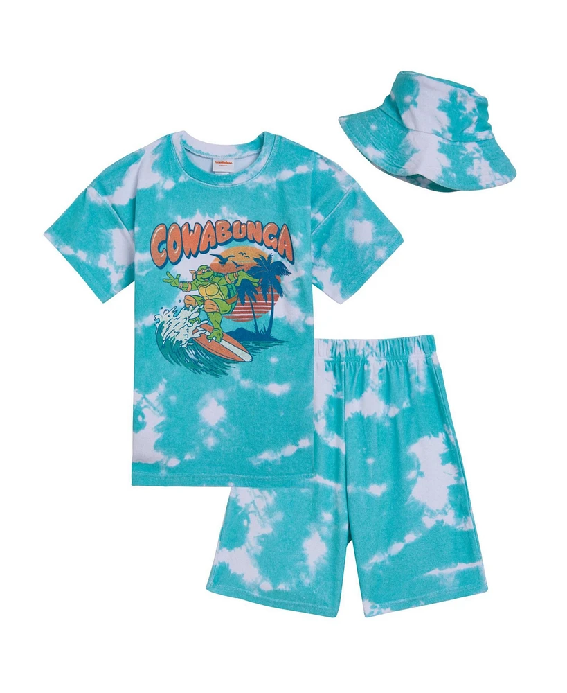 Teenage Mutant Ninja Turtles Toddler Boys Michelangelo Surfboard T-Shirt Shorts and Hat 3 Piece Outfit Set to - Turquoise tie