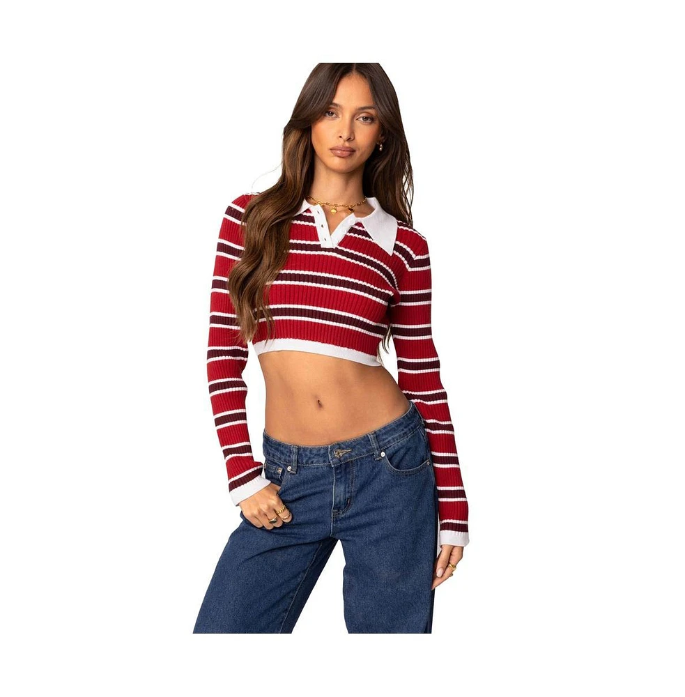 Edikted Women's Collared Stripey Ribbed Crop Top