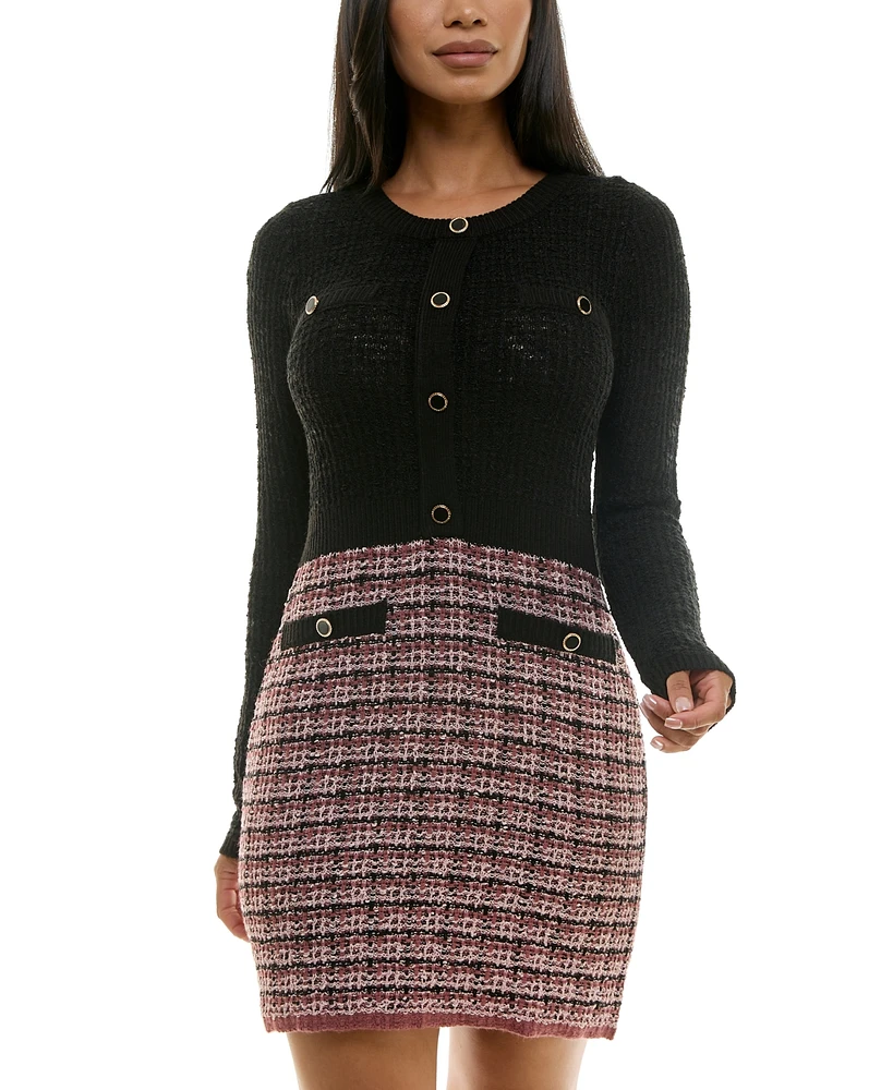 Bcx Juniors' Button-Trim Tweed-Skirt Sweater Dress