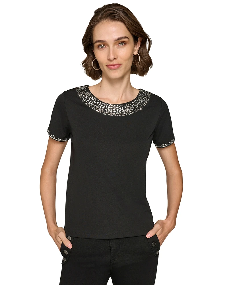 Karl Lagerfeld Paris Women's Crystal-Neck T-Shirt